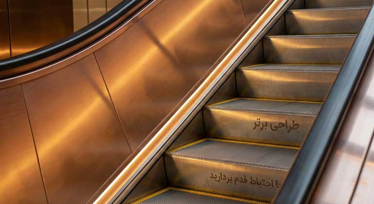 نورپردازی مخفی و پوشش استیل رزگلد در طراحی پله برقی هتل.