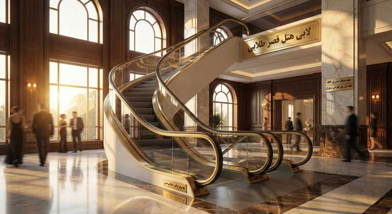 طراحی پله برقی هتل در لابی لوکس با معماری مدرن و هندسه منحنی.