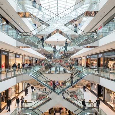 چیدمان ضربدری (زیگزاگ) پله‌برقی‌ها در یک مرکز خرید مدرن با سقف شیشه‌ای، که افراد را از میان فروشگاه‌ها به طبقات مختلف هدایت می‌کند.