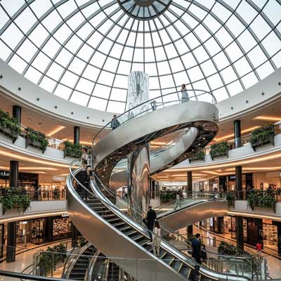 پله برقی مارپیچ (منحنی) خیره‌کننده در یک مرکز خرید لوکس با سقف گنبدی شکل، که نمادی از مهندسی پیچیده و طراحی معماری مدرن است.