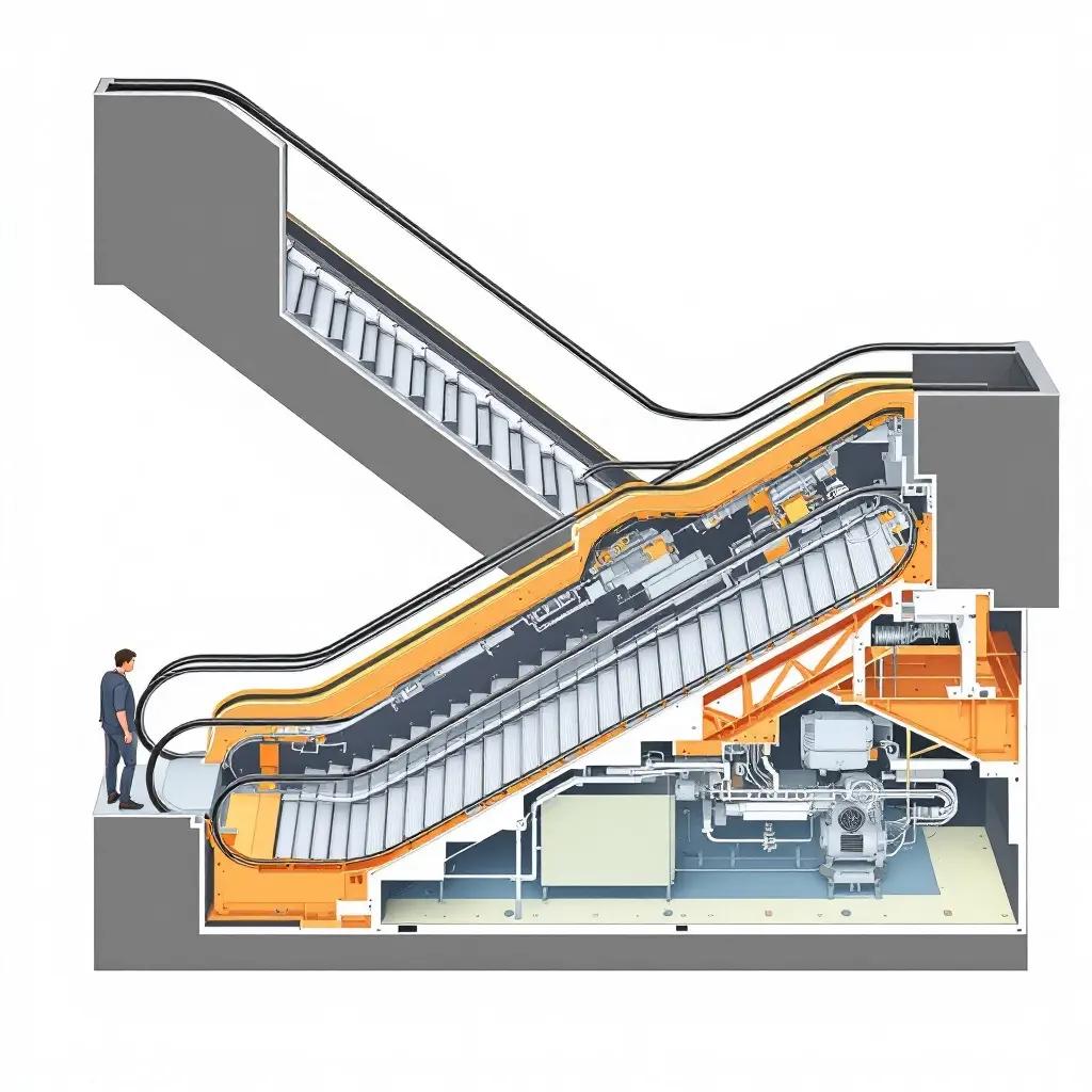 شماتیک مکانیزم داخلی پله برقی، شامل موتور، زنجیر پله، ریل‌ها و خرپا