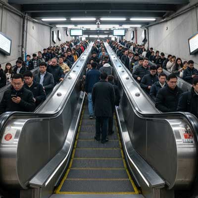 تصویری از یک پله برقی مقاوم و پرتردد در ایستگاه مترو یا فرودگاه، با زاویه شیب کم و ساختار مستحکم.