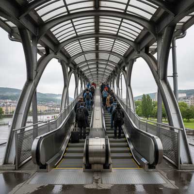 پله برقی نیمه‌تجاری در یک محیط سرپوشیده اما باز مانند ورودی ایستگاه قطار یا پل عابر پیاده، با طراحی مقاوم.