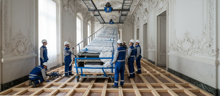 فرآیند نصب دقیق و محافظت شده پله برقی در یک ساختمان تاریخی