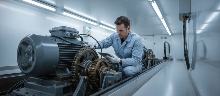 تکنسین در حال انجام سرویس و نگهداری پیشگیرانه پله برقی موزه در ساعات شب