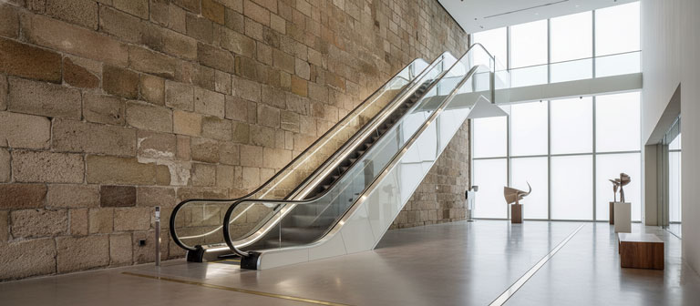 پله برقی شیشه ای مینیمال نصب شده در لابی یک موزه مدرن