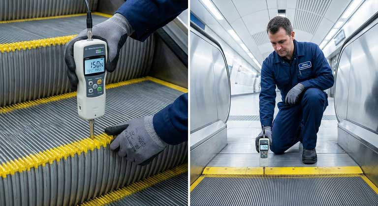 تست ایمنی میکروسوئیچ صفحه شانه پله برقی توسط متخصص جهت دریافت گواهی استاندارد.