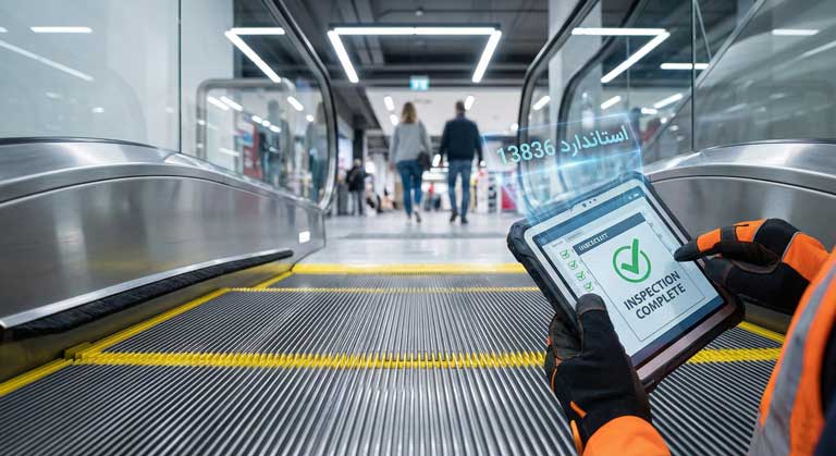 تکنیسین در حال بررسی چکلیست استاندارد ملی 13836 برای تایید ایمنی پله برقی در مرکز تجاری.