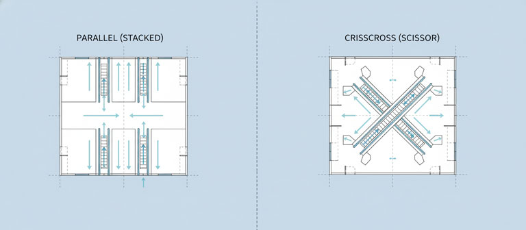 مقایسه دیاگرام جانمایی پله برقی متقاطع و موازی در فروشگاه.