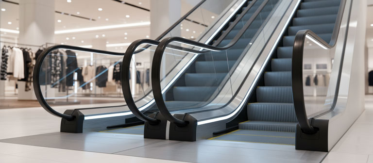 طراحی مدرن پله برقی فروشگاهی با نرده شیشه‌ای و نورپردازی یکپارچه.