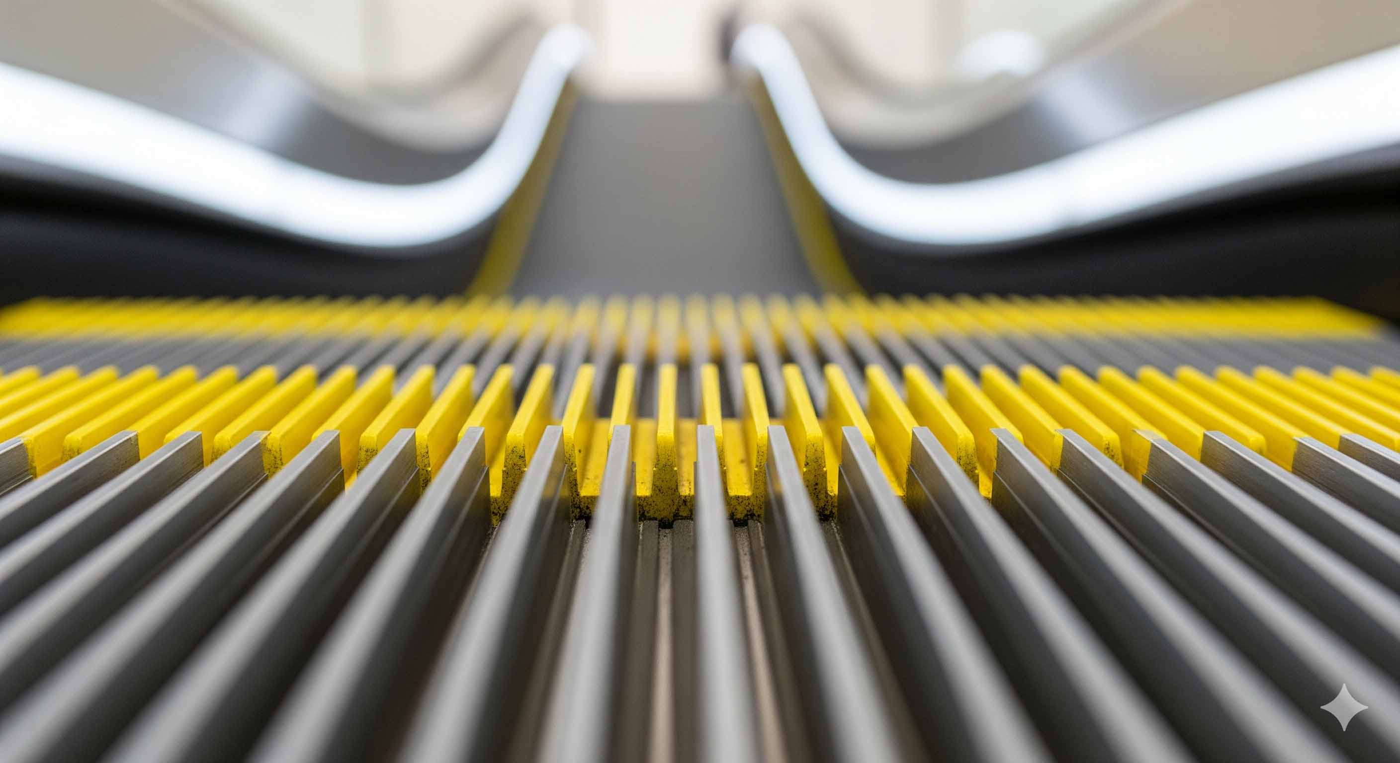 نمای نزدیک از شانه پله برقی (کامپ پلیت) با دندانه‌های زرد ایمنی