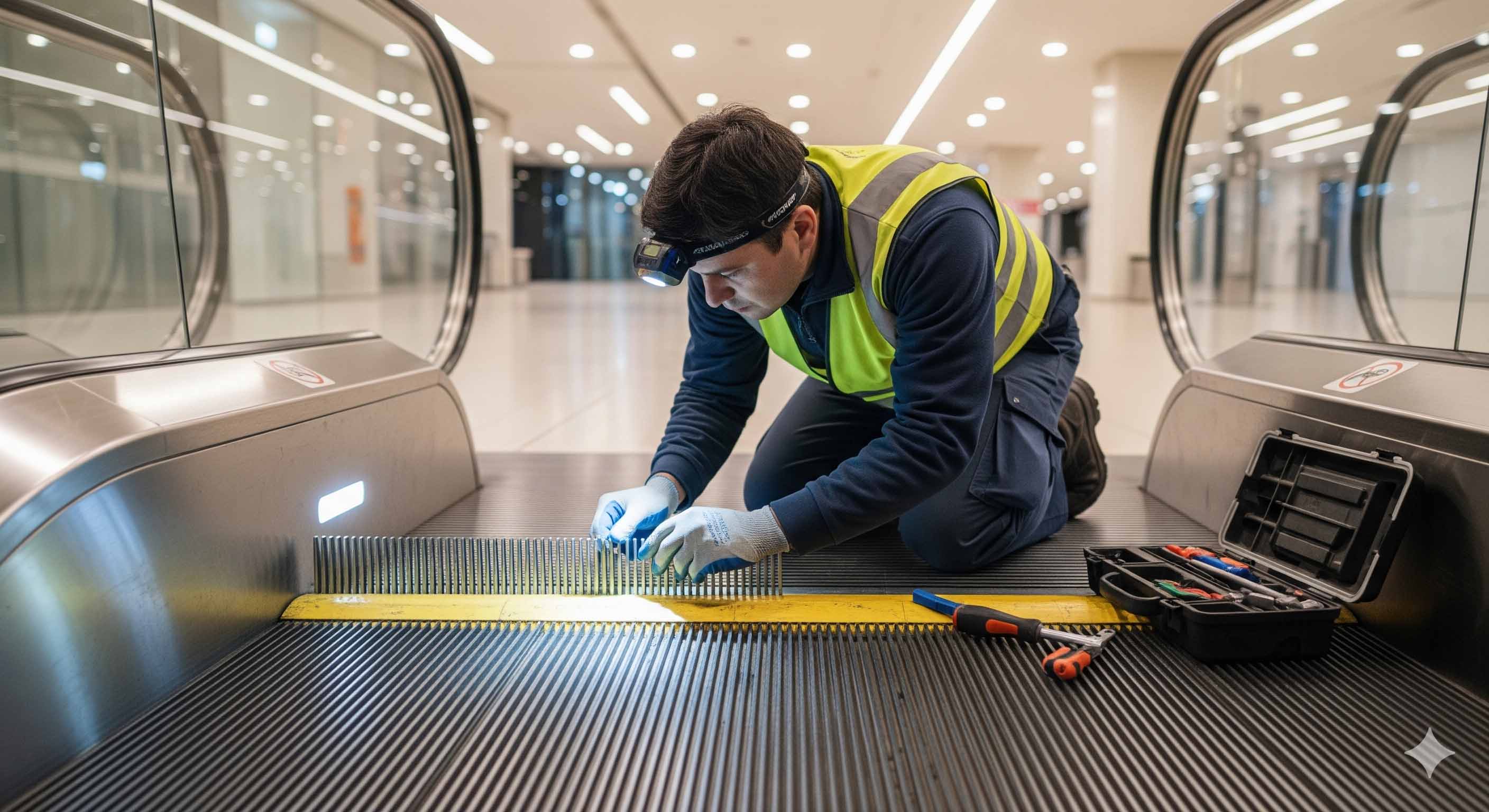 تکنسین متخصص در حال بازرسی فنی و تنظیم شانه پله برقی