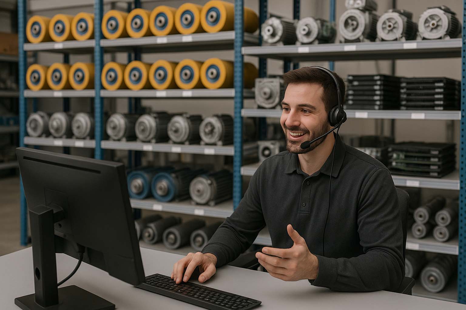 نمایی از کارشناس پشتیبانی مرد با هدست در حال پاسخگویی به مشتری در انبار قطعات پله برقی