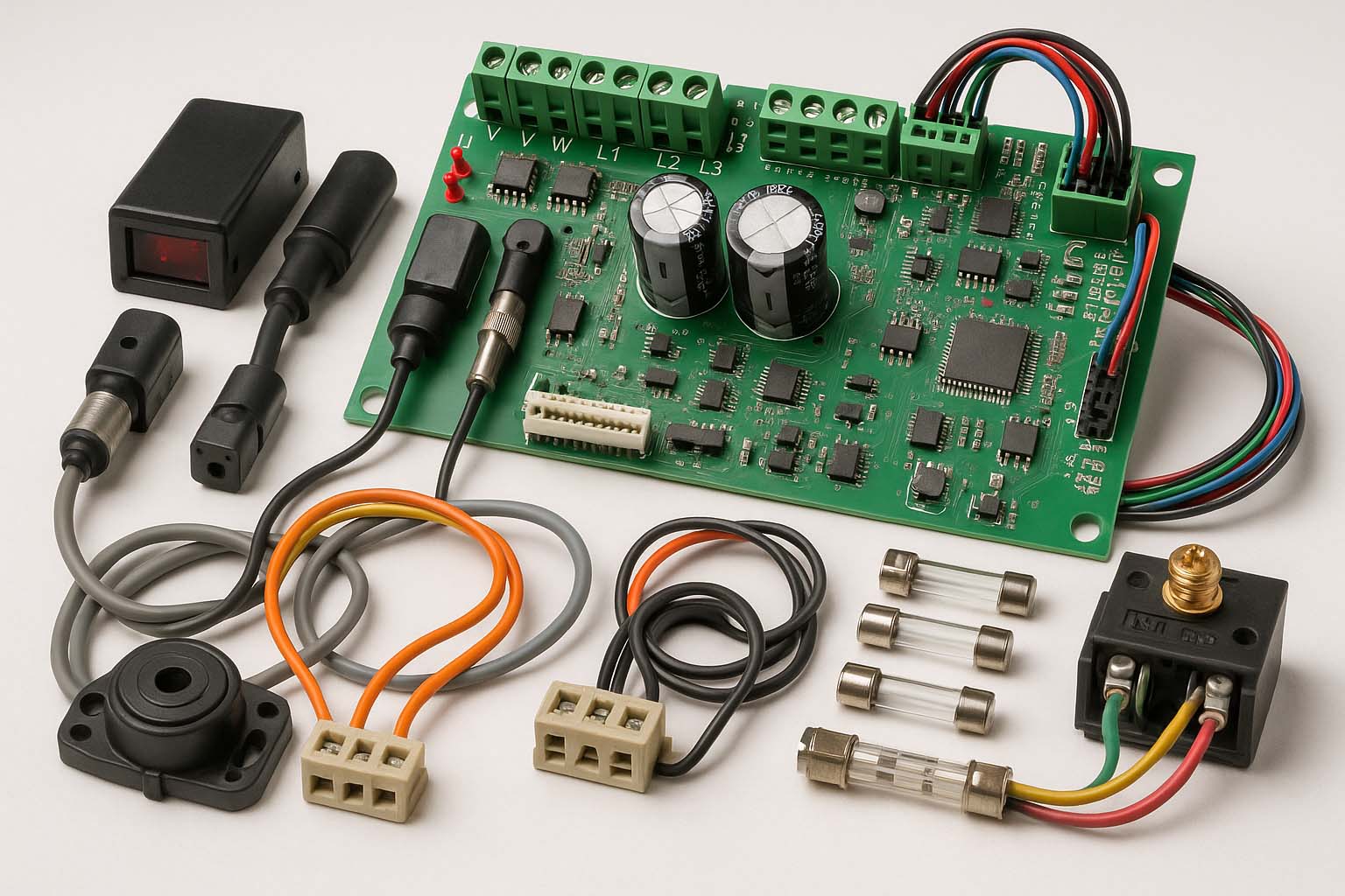 مجموعه‌ای از سنسورها، بردهای کنترل و کابل‌های پله برقی