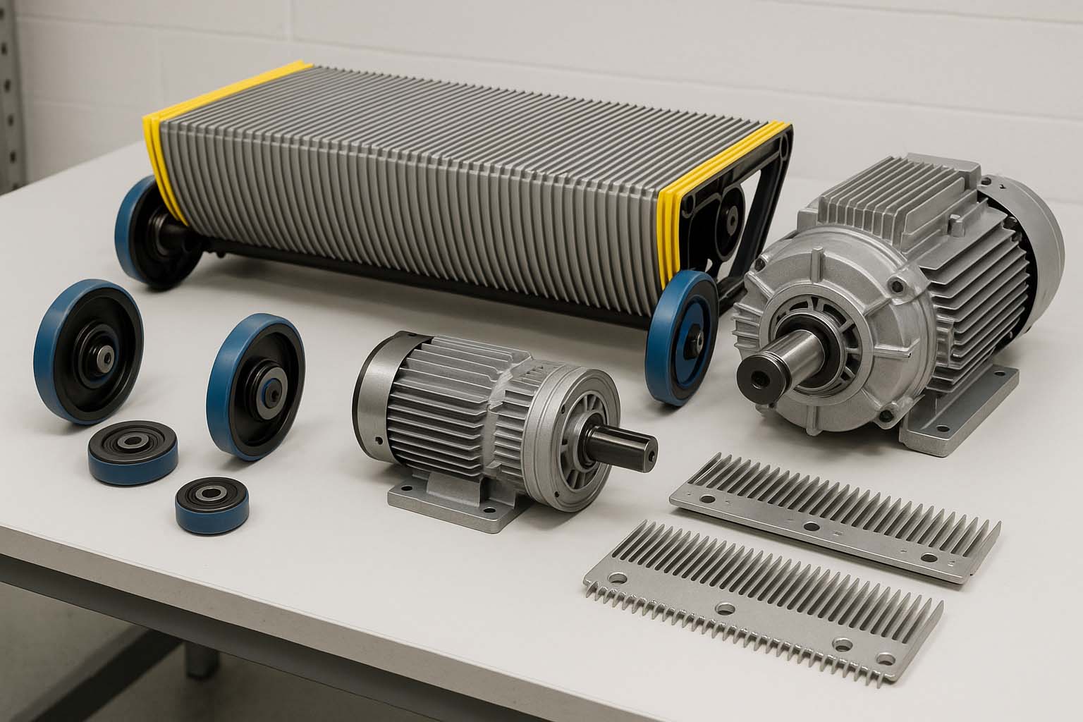 نمایی از قطعات اصلی پله برقی بر روی میز صنعتی