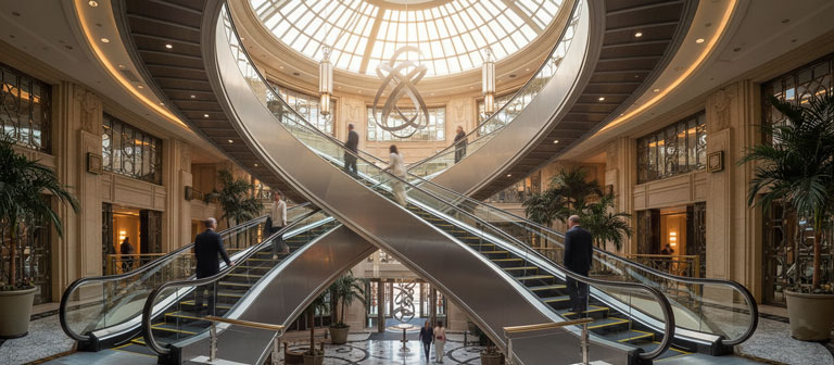 نمای باشکوه از پله برقی مارپیچ به عنوان شاهکار مهندسی