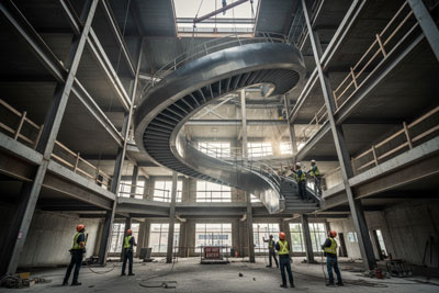 نصب پله برقی مارپیچ با جرثقیل در ساختمان در حال ساخت