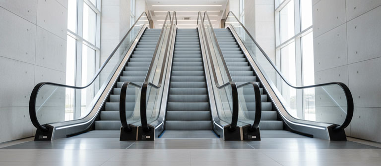 نمای روبروی یک پله برقی مدرن برای نمایش تفاوت عرض‌ها