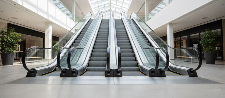 تصویر یک پله برقی مدرن در فضای تجاری برای نمایش استانداردهای عرض پله برقی
