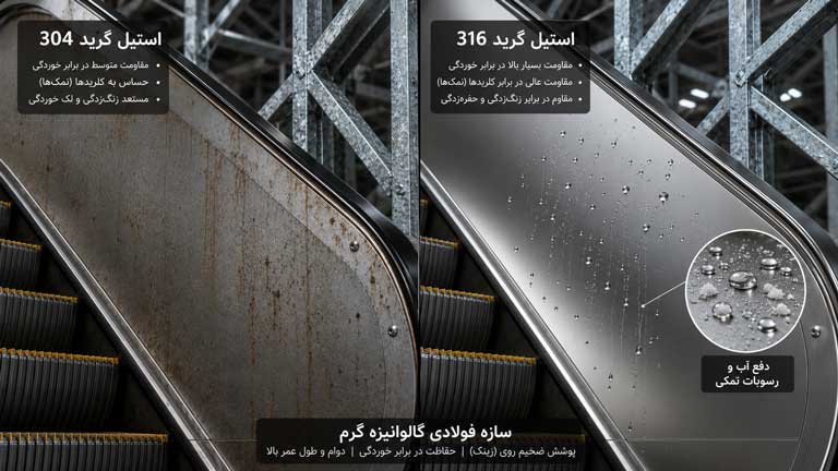 مقایسه مقاومت استیل ۳۰۴ و ۳۱۶ در کنترل زنگزدگی پله برقی