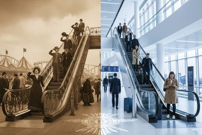 تصویری ترکیبی از تاریخچه پله برقی که در یک سمت نمونه اولیه چوبی و قدیمی و در سمت دیگر یک پله برقی مدرن شیشه‌ای را نمایش می‌دهد.