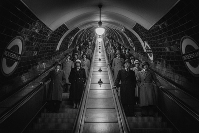 عکس تاریخی از یک پله برقی چوبی و طولانی در ایستگاه متروی لندن که نشان‌دهنده گسترش استفاده از آن در حمل و نقل شهری است.