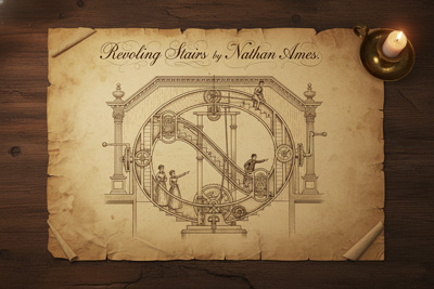 طرح پتنت ناتان ایمز برای "پله‌های گردان" در سال ۱۸۵۹ که روی کاغذی قدیمی کشیده شده و بخشی از تاریخچه پله برقی را نشان می‌دهد.