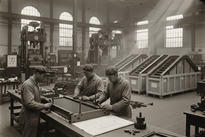 تصویری از کارخانه شرکت اوتیس در دهه ۱۹۲۰ که مهندسان در حال ساخت پله برقی استاندارد هستند و نقش این شرکت در تاریخچه پله برقی را نشان می‌دهد.