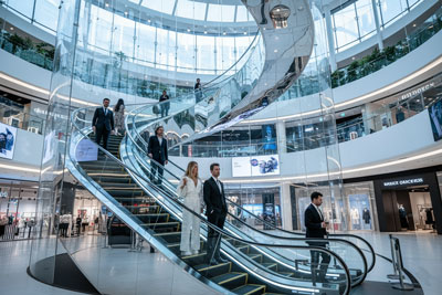 یک پله برقی مارپیچ مدرن در یک مرکز خرید لوکس که نوآوری‌های جدید در تاریخچه پله برقی را به تصویر می‌کشد.