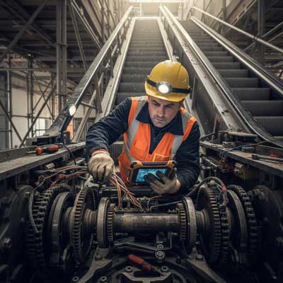 تکنسین پله‌برقی در حال بازرسی دقیق اجزای مکانیکی در حین نصب، با تمرکز بر جزئیات و عیب‌یابی.