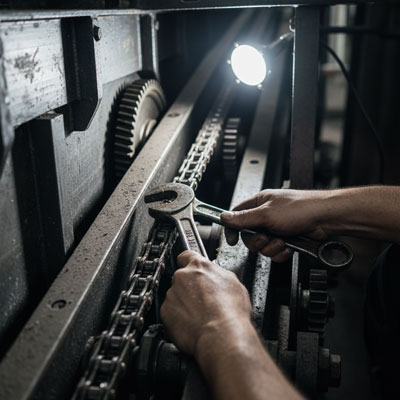 تکنسین در حال تنظیم دقیق زنجیر پله‌برقی، با تمرکز بر چرخ‌دنده‌ها و قطعات مکانیکی داخل دستگاه.