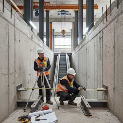 کارگران در حال اندازه‌گیری دقیق ابعاد چاهک پله‌برقی و تکیه‌گاه‌های سازه‌ای با استفاده از تراز لیزری، پیش از نصب خرپا.