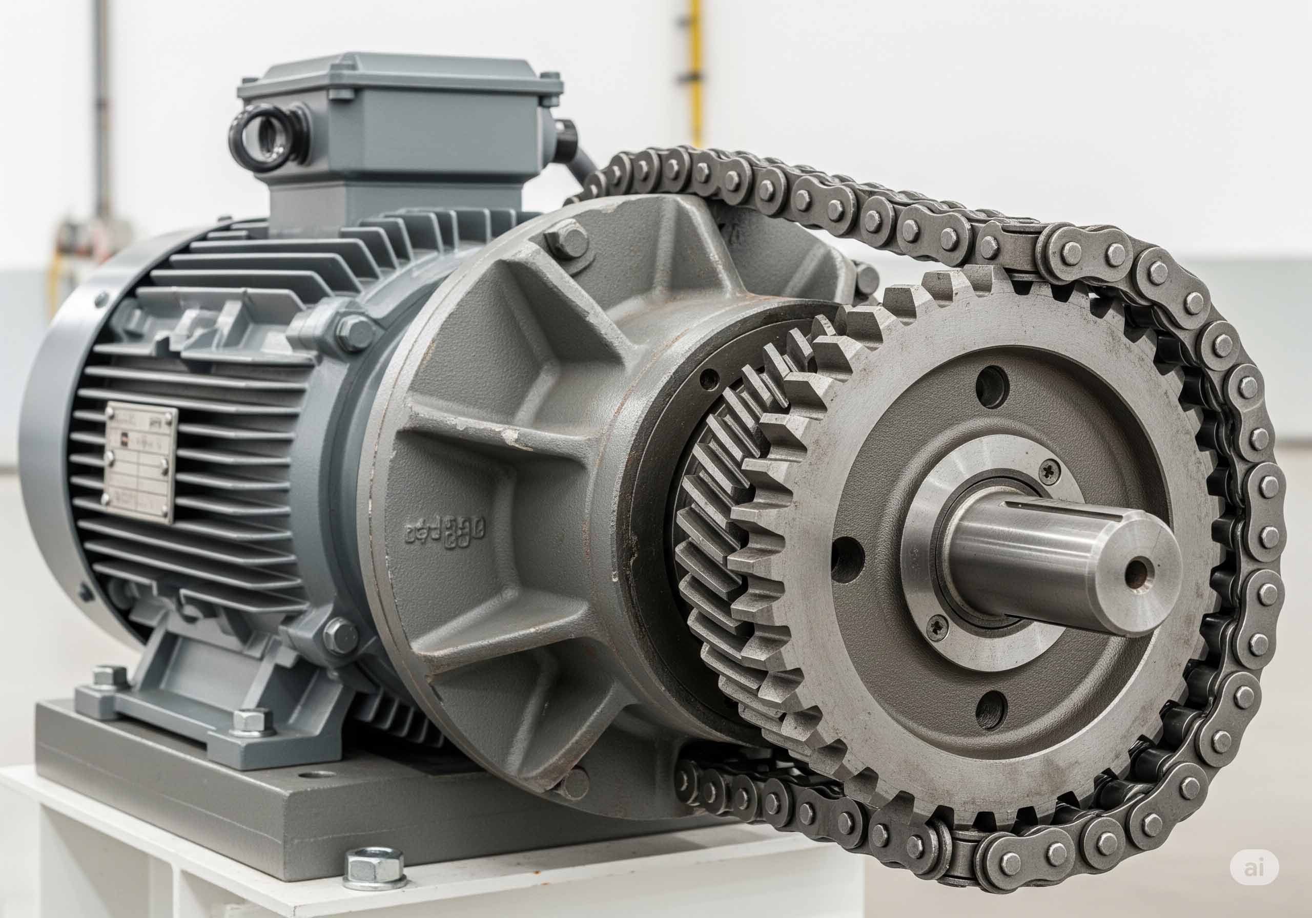 موتور و گیربکس صنعتی پله برقی که زنجیر استپ چین را روی چرخ‌دنده اصلی به حرکت در می‌آورد.