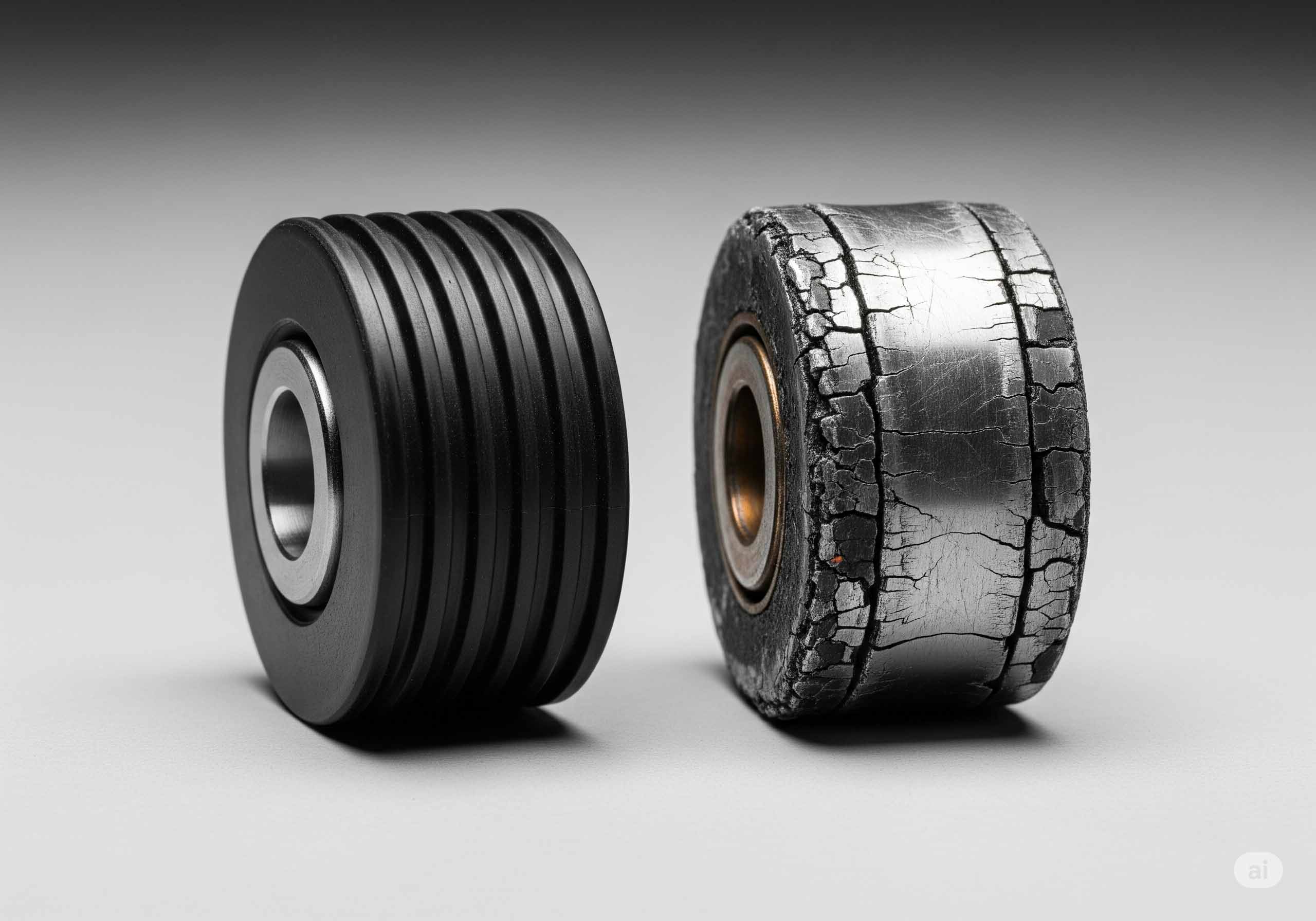 مقایسه یک رولر پله برقی نو با سطح سالم در کنار یک رولر فرسوده با سطح فلزی ترک خورده و از بین رفته.