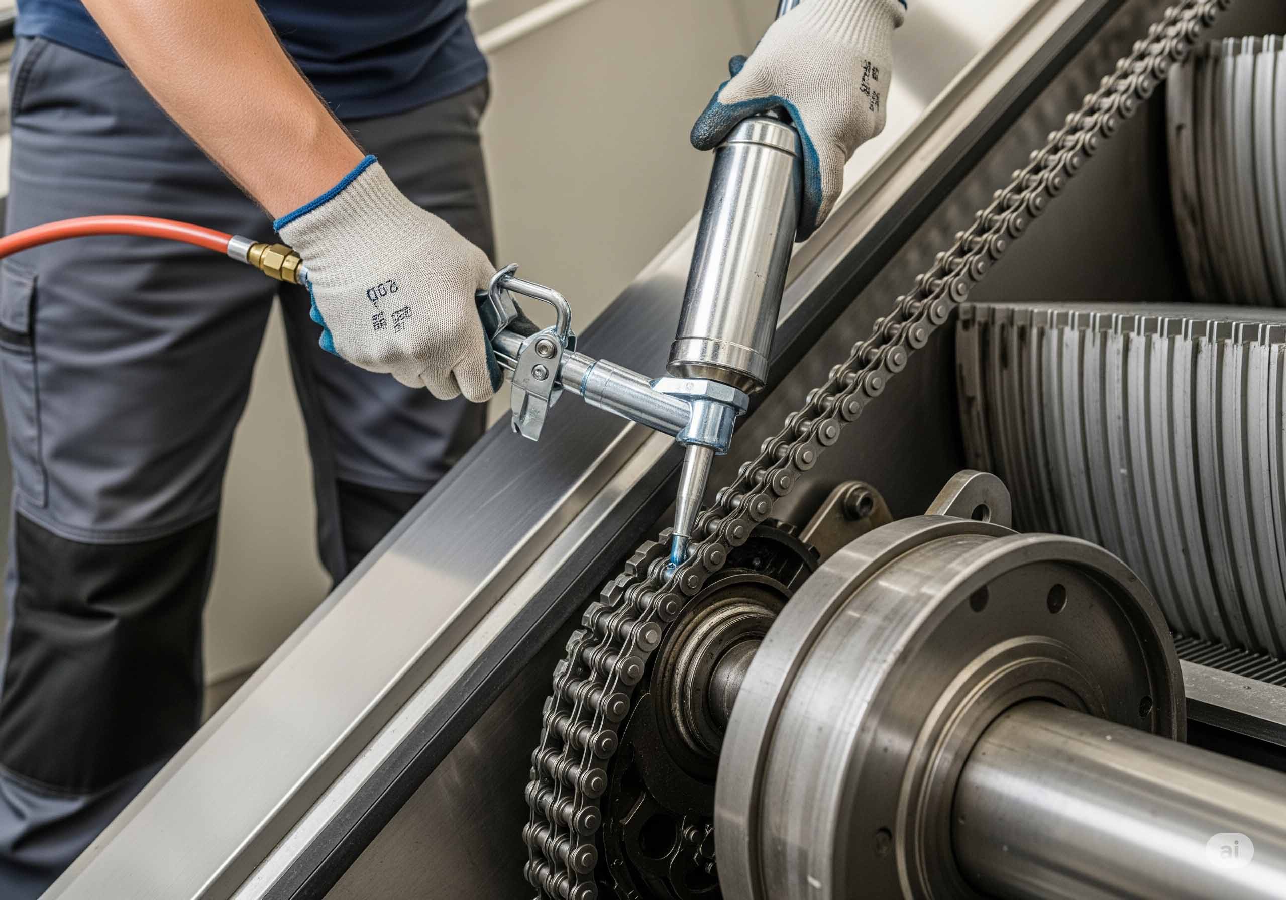 تکنسین متخصص در حال روغن‌کاری زنجیر استپ چین پله برقی با گریس‌پمپ برای سرویس و نگهداری دوره‌ای.