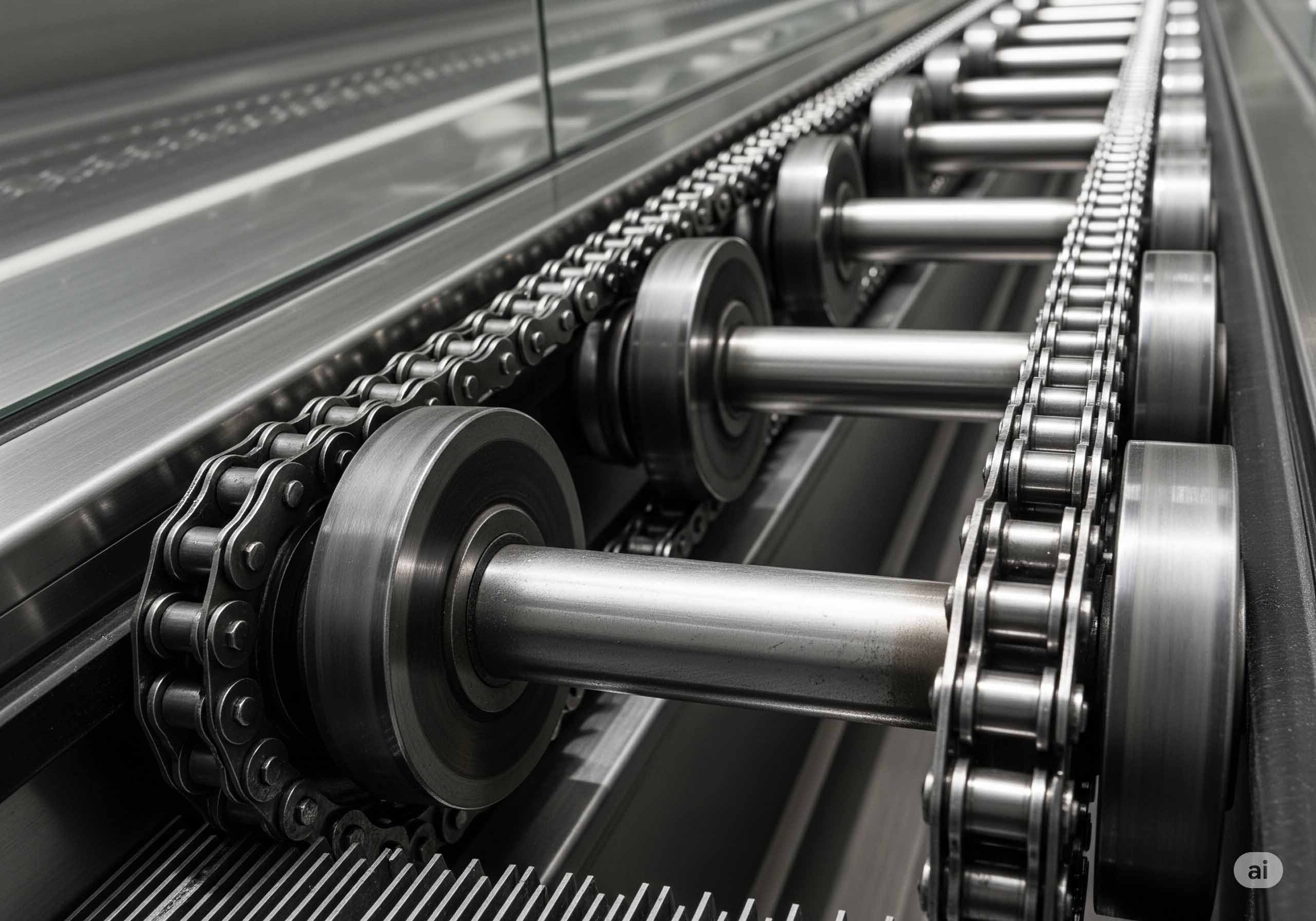 نمای نزدیک از زنجیر استپ چین و رولرهای فلزی پله برقی که روی ریل در حال حرکت هستند.
